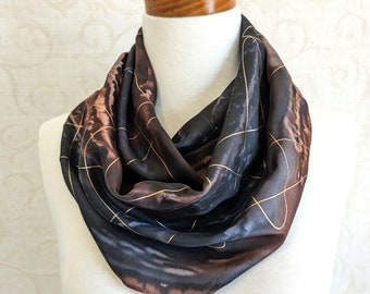 Silk Scarf Hand Painted in Black and Brown with Gold