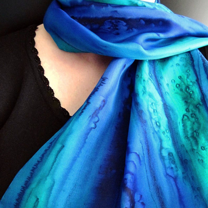 Silk Scarf Hand-Painted in Sapphire, Aqua and Midnight Blues image 2