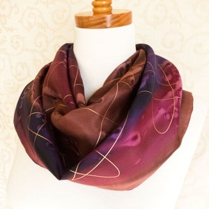 Silk Scarf Hand-Painted in Brown, Plum and Burgundy with Gold