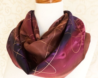 Silk Scarf Hand-Painted in Brown, Plum and Burgundy with Gold