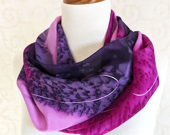 Hand-Painted Silk Scarf in Plum, Fuchsia and Pink with Pearl Highlights
