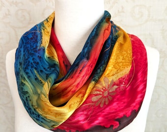 Silk Scarf Satin Stripes Hand-Dyed in Blue, Red and Yellow with Wildflowers in Gold