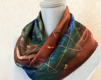 Hand-Painted Silk Scarf in Brown, Forest Green and Blue with Gold