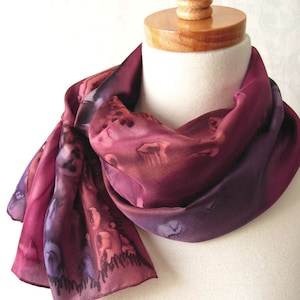 Hand-Painted Silk Scarf in Brown, Plum and Burgundy