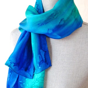 Silk Scarf Hand-Painted in Shades of Blue