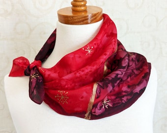 Hand Painted Square Silk Bandana Scarf in Red and Burgundy with Gold Stars