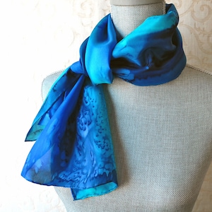 Silk Scarf Hand-Painted in Sapphire, Aqua and Midnight Blues