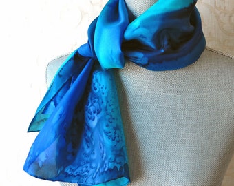 Silk Scarf Hand-Painted in Sapphire, Aqua and Midnight Blues