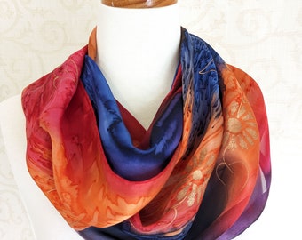 Silk Scarf Satin Stripes Hand-Dyed in Navy, Red and Orange with Wildflowers in Gold