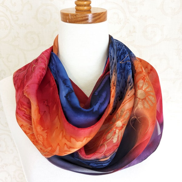 Silk Scarf Satin Stripes Hand-Dyed in Navy, Red and Orange with Wildflowers in Gold