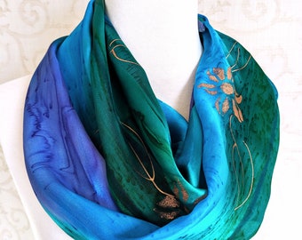 Silk Scarf Satin Stripes Hand-Dyed in Emerald, Cyan and Lavender with Wildflowers in Gold