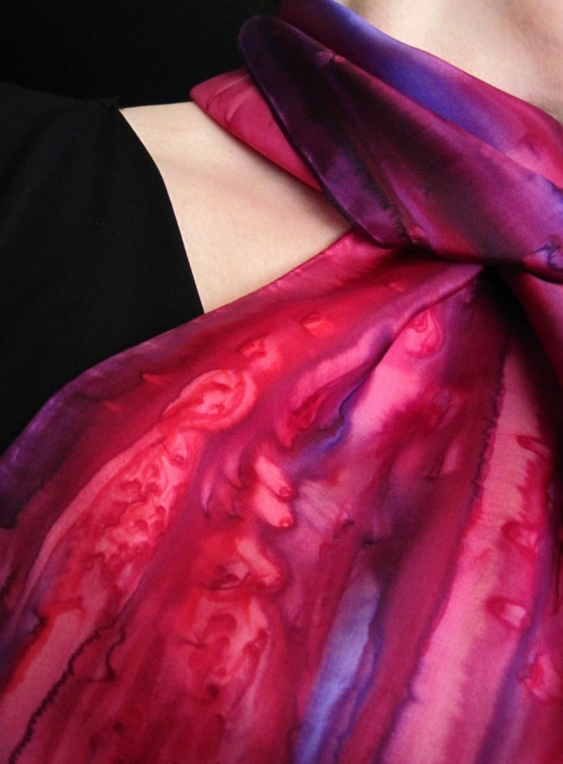 Silk Scarf Hand-Painted in Red, Berry and Purple image 2