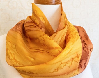 Silk Scarf Hand-Painted in Golden Yellow and Brown