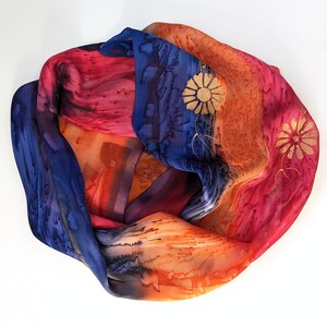 Silk Scarf Satin Stripes Hand-Dyed in Navy, Red and Orange with Wildflowers in Gold image 2