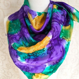 Large Square Silk Scarf Hand Dyed in Orchid Spring Floral image 2