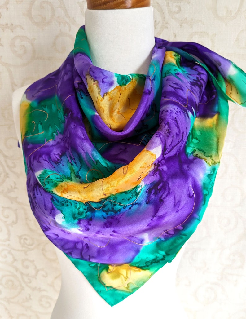 Large Square Silk Scarf Hand Dyed in Orchid Spring Floral image 2