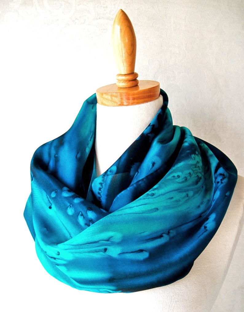 Silk Scarf Hand Painted in Ocean Blues 