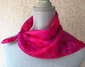 Hand Painted Silk Bandana Scarf in Rose and Fuchsia