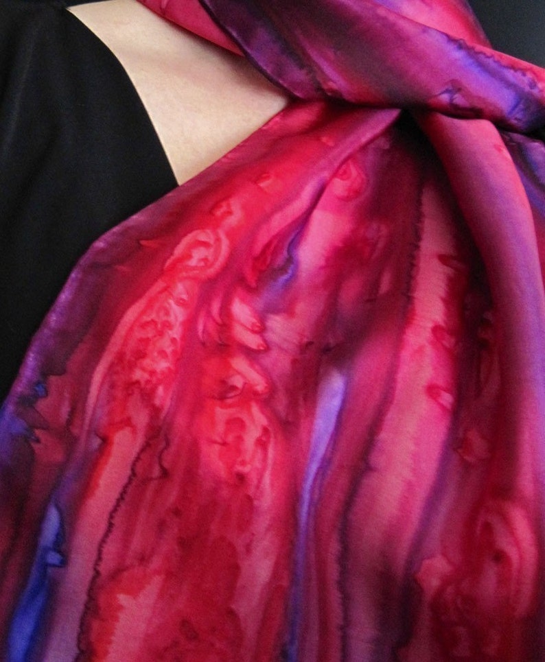 Silk Scarf Hand-Painted in Red, Berry and Purple image 3