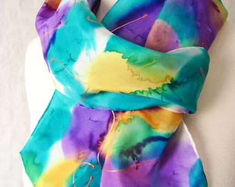 Silk Scarf Hand-Painted in Orchid Purple Spring Floral