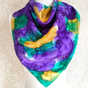 Large Square Silk Scarf Hand Dyed in Orchid Spring Floral image 1