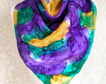 Large Square Silk Scarf Hand Dyed in Orchid Spring Floral