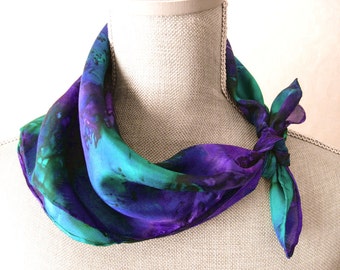 Silk Square Bandana Scarf Hand Painted in Amethyst and Emerald