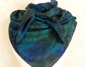 Silk Scarf X-Large 42" Square Hand-Painted in Dark Forest Green and Midnight Blue