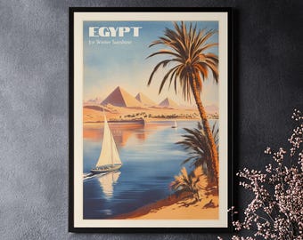 Egipto bajo el sol invernal - Póster de viaje Art Decó de los años 20 - Arte mural vintage del río Nilo - Descarga arte retro de pirámides - Decoración del hogar o la oficina