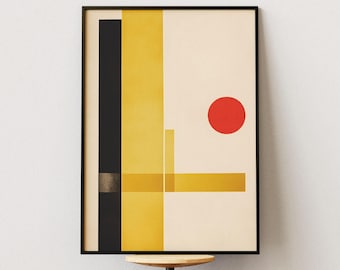 May include: Abstract geometric art print with a black, gold, and yellow design on a cream background. A red circle is in the upper right corner of the print.