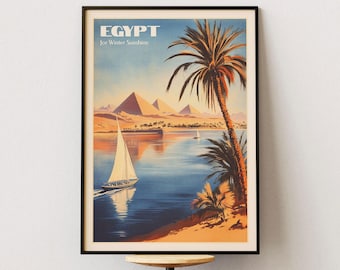 Egipto bajo el sol invernal: póster de viaje Art Decó de los años 20, arte mural vintage del río Nilo, impresión retro de pirámides para la decoración del hogar o la oficina