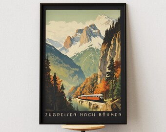 May include: Vintage travel poster featuring a train traveling through a mountain valley with snow-capped peaks in the background. The poster is in German and reads "Zugreisen nach Böhmen".