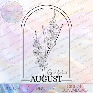 Fleur de naissance dessin au trait monochrome pour août, fleur de naissance dessin au trait glaïeuls PNG pour carte de sublimation création de vêtements, fleur de naissance zodiaque