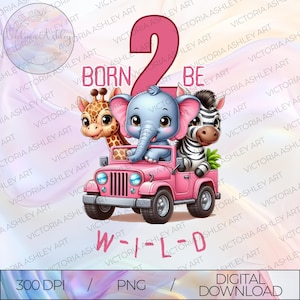 Né 2 être sauvage Safari rose Jeep PNG, 2e anniversaire de fille des cliparts animaux de la jungle, sauvage deux thème en téléchargement numérique, Safari Party Art Clipart