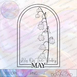 Fleur de naissance de muguet PNG, téléchargement numérique de fleurs de mai, art botanique monochrome 300 ppp pour sublimer les vêtements de verres