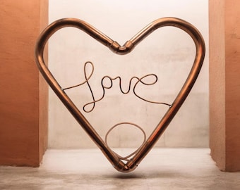 Handmade Copper Heart Table/Wall Decor – "Love" Wire Accent, Anniversary Home Decor, Wedding Gift
