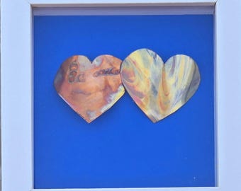 Flame Painted Copper Hearts Wall Art – Handmade Shadowbox Home Decor, Anniversary Wedding Gift