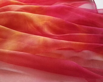 Hand Painted Chiffon Silk Scarf in Red, Plum and Golden Yellow