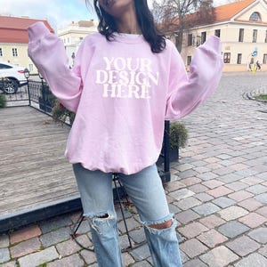 Gildan 18000 Light Pink Mockup, Oversized Light Pink Hoodie Mockup, Gildan Pink Crewneck, Model Mockup, Outdoors Mockup, Lifestyle Mockup