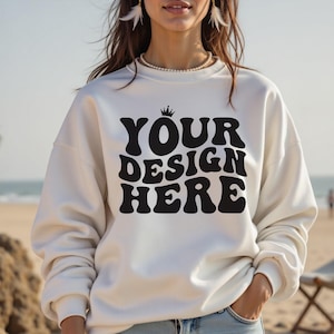 Oversized White Sweatshirt Mockup, Gildan 18000 White Mockup, Beach Mockup, G18000 White Sweatshirt Mockup, Trendy Mockup, Summer Mockup