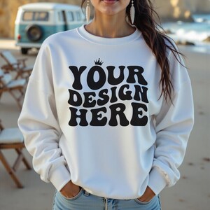 Gildan 18000 White Sweatshirt Mockup, G180 White Crewneck Mockup, Boho Model Mockup, Gildan 18000 White Sweater, Simple Mockup, Beach Mockup