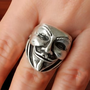 V for Vendetta Ring - Silver Plated Adjustable Ring - Handmade Masculine Jewelry