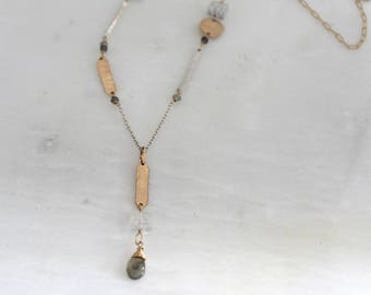 Evangeline Necklace, mixed metals, labradorite, rutilated quartz, gold fill,sterling silver