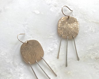Sunburst Fringe Earrings, hammered gold and silver boho earrings