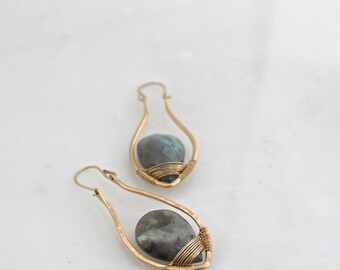 Elenna Earrings, gold fill, hand forged, labradorite
