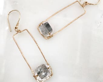 Gemma Earring, gold fill, sterling silver, rutile quartz, long rectangular handmade earring