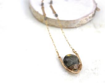 Elenna Necklace, hand forged gold fill, labradorite