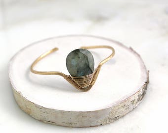 Elenna Bracelet, labradorite, gold, hand forged and wire wrapped bracelet cuff