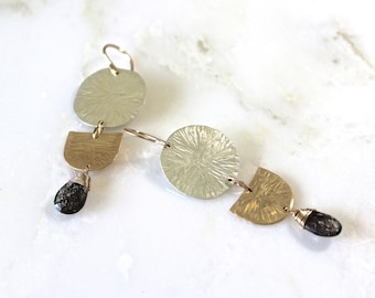 Mixed Metal sterling silver and gold statement earrings, rutilated quartz