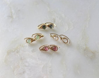 Mini Stud Pull Through Earrings, Gold Fill, Gemstone Choice, Wire wrapped, Hand Forged